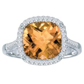 14k White Gold Cushion Cut Citrine And Diamond Ring