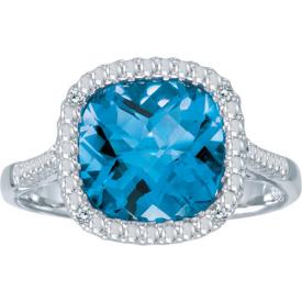 14k White Gold Cushion Blue Topaz and Diamond Ring