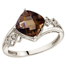 14K White Gold 8 mm Cushion Smoky Topaz and Diamond Ring