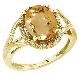 14K Yellow Gold 10x8 Oval Checkerboard Citrine and Diamond Ring