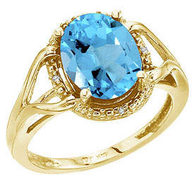 14K Yellow Gold 10x8 Oval Blue Topaz and Diamond Rope Ring