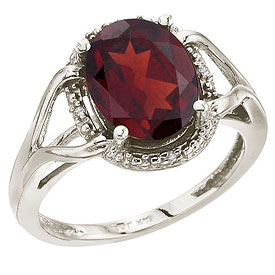 14K White Gold 10x8 Oval Checkerboard Garnet and Diamond Rope Ring