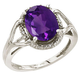 14K White Gold 10x8 Oval Checkerboard  Amethyst and Diamond Rope Ring