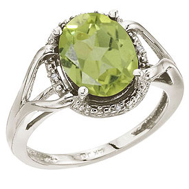 14K White Gold 10x8 Oval Checkerboard Peridot and Diamond Rope Ring