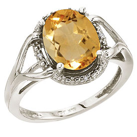 14K White Gold 10x8 Oval Checkerboard Citrine and Diamond Rope Ring