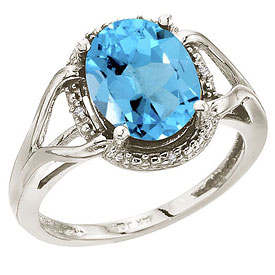 14K White Gold 10x8 Oval Blue Topaz and Diamond Rope Ring