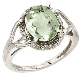 14K White Gold 10x8 Oval Green Amethyst and Diamond Rope Ring