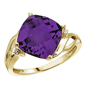 14K Yellow Gold 10 mm Cushion Amethyst and Diamond Ring