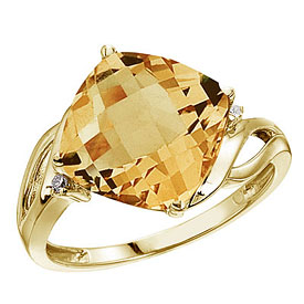14K Yellow Gold 10 mm Cushion Citrine and Diamond Ring