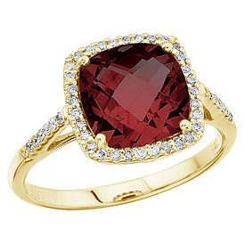 14K Yellow Gold 8 mm Cushion Garnet and Diamond Ring