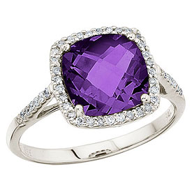14K White Gold 8 mm Cushion Amethyst and Diamond Ring