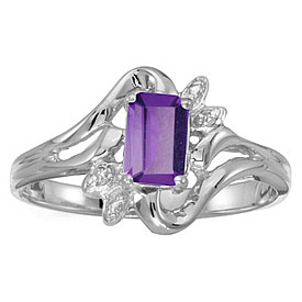 10k White Gold Emerald-cut Amethyst And Diamond Ring