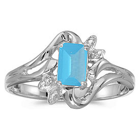 10k White Gold Emerald-cut Blue Topaz And Diamond Ring