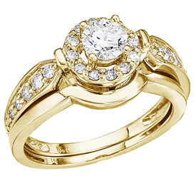 14K Yellow Gold .75 Ct Round Diamond Band Bridal Ring Set