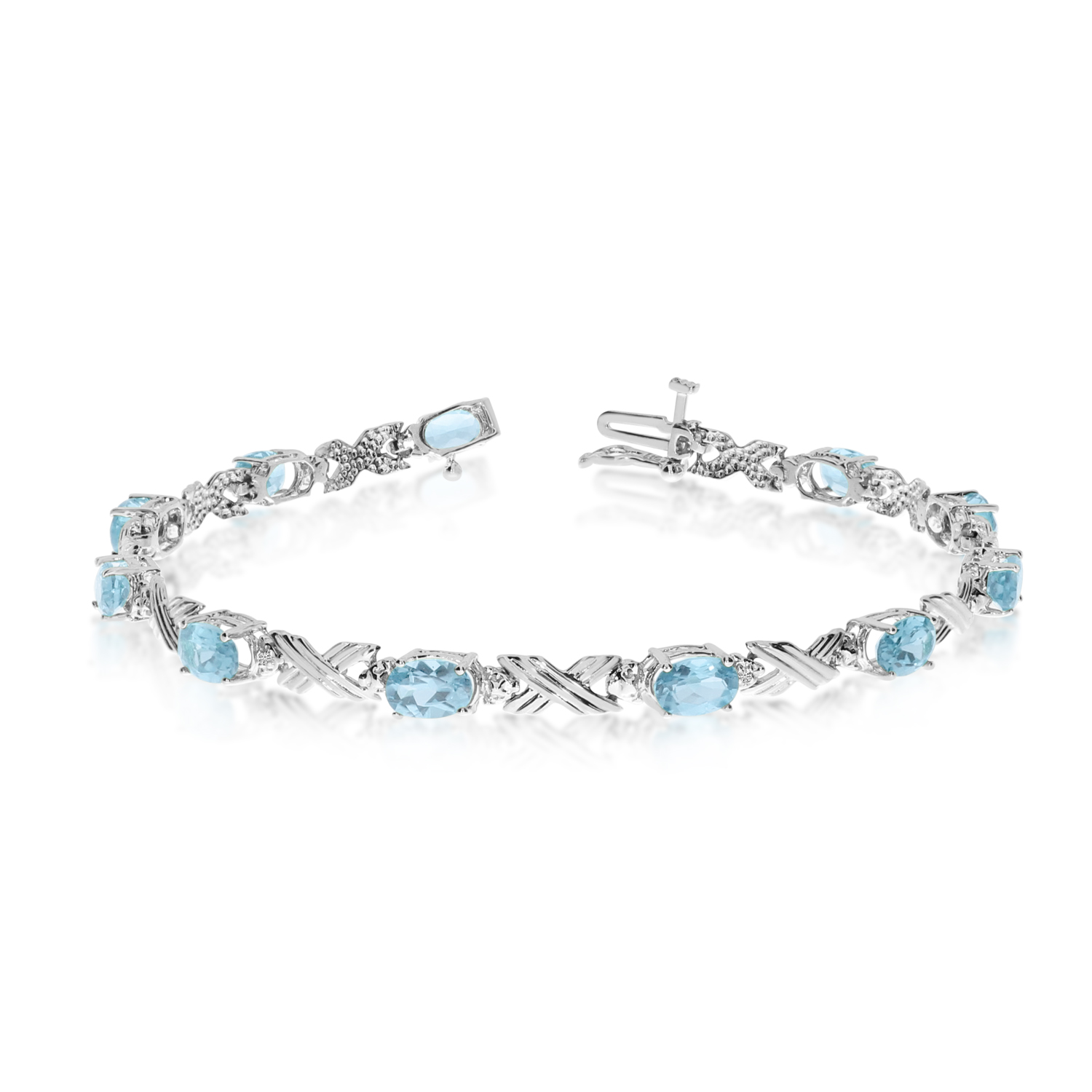 10K White Gold Oval Aquamarine and Diamond Bracelet