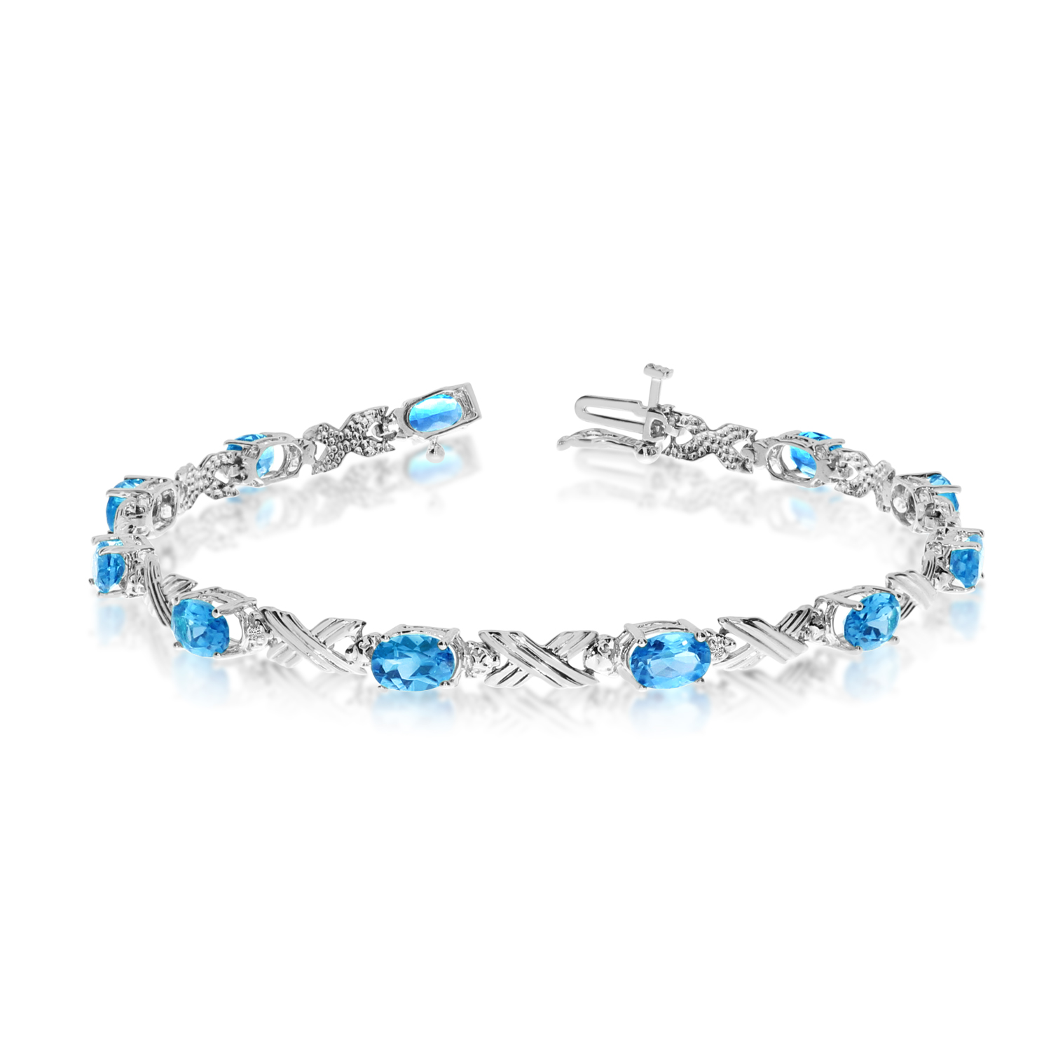10K White Gold Oval Blue Topaz and Diamond Bracelet