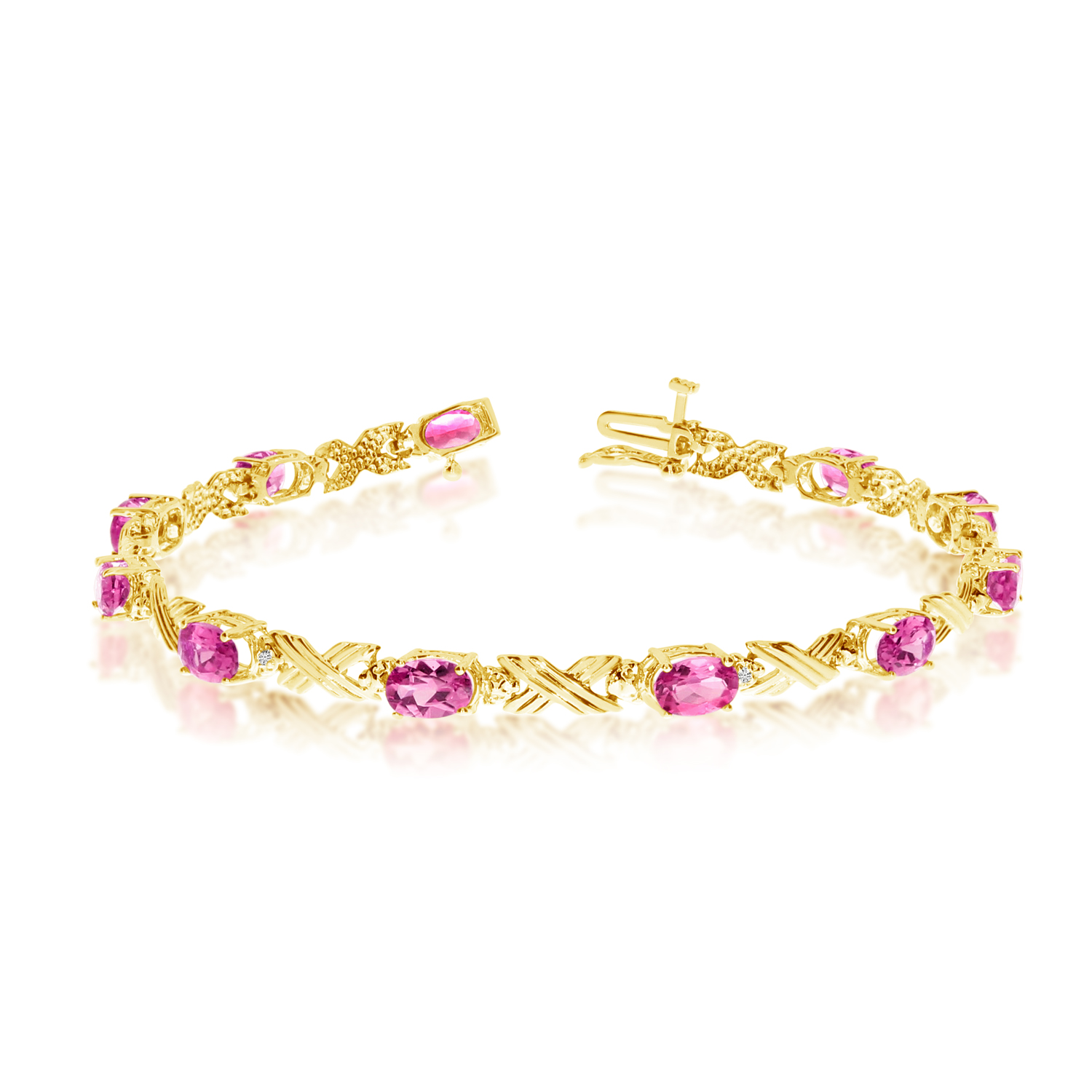 14K Yellow Gold Oval Pink Topaz and Diamond Bracelet