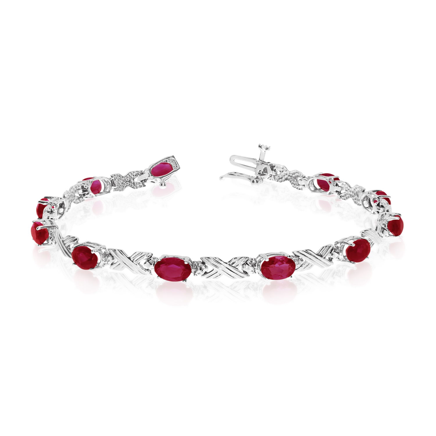 14K White Gold Oval Garnet and Diamond Bracelet