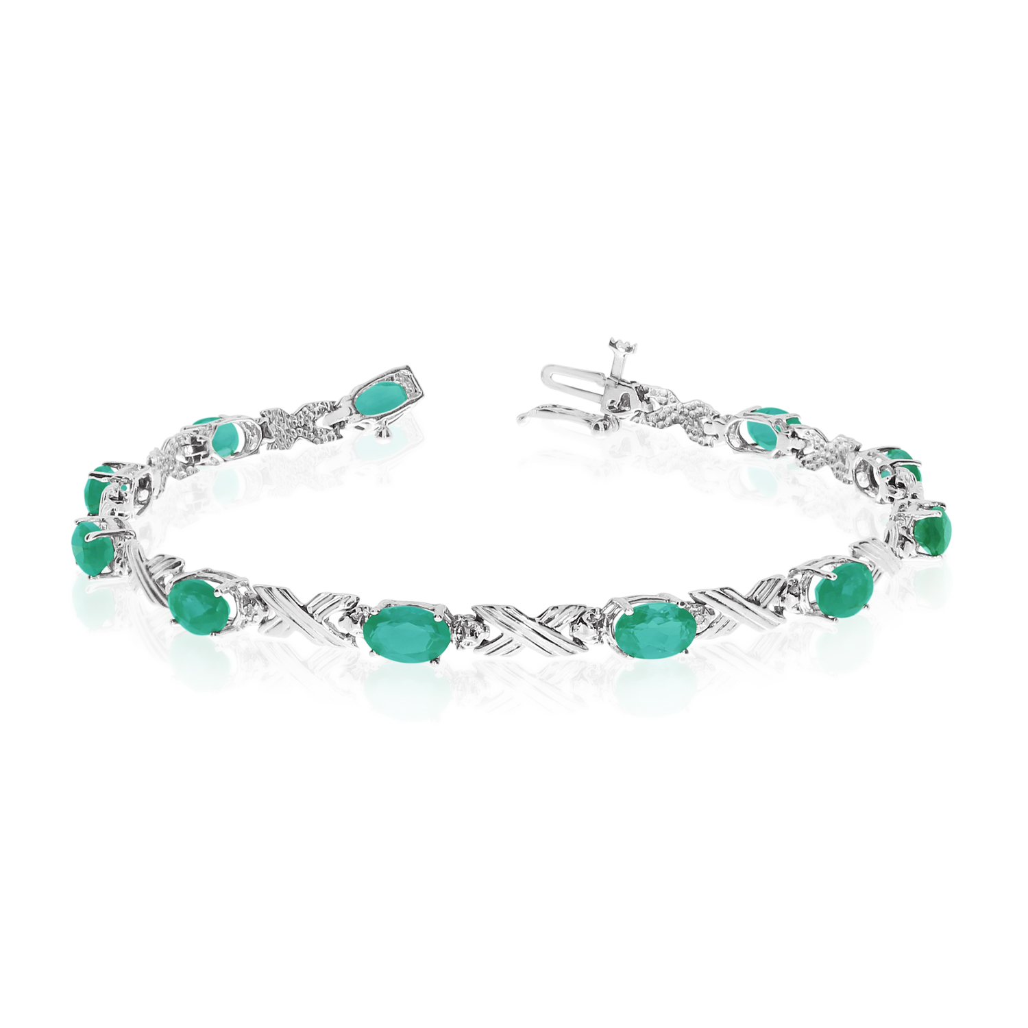 14K White Gold Oval Emerald and Diamond Bracelet