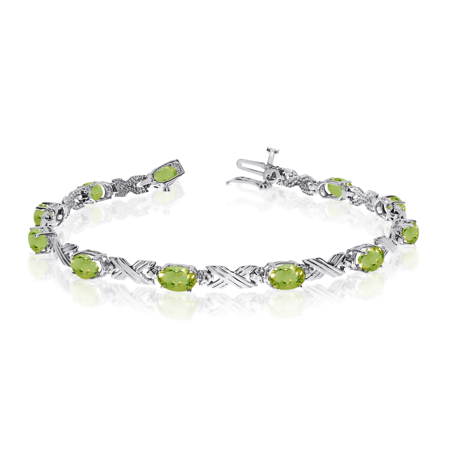 14K White Gold Oval Peridot and Diamond Bracelet