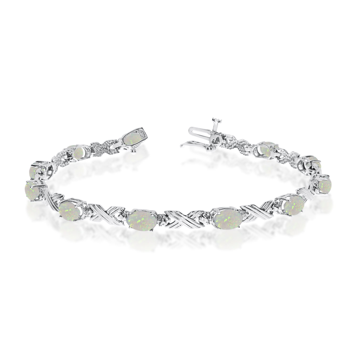 14K White Gold Oval Opal and Diamond Bracelet