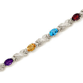 14K White Gold Oval Multi and Diamond Bracelet