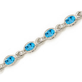 10K White Gold Oval Blue Topaz and Diamond Bracelet