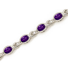 14K White Gold Oval Amethyst and Diamond Bracelet
