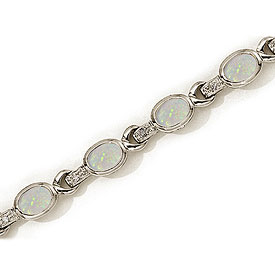 14K White Gold Oval Opal and Diamond Bracelet