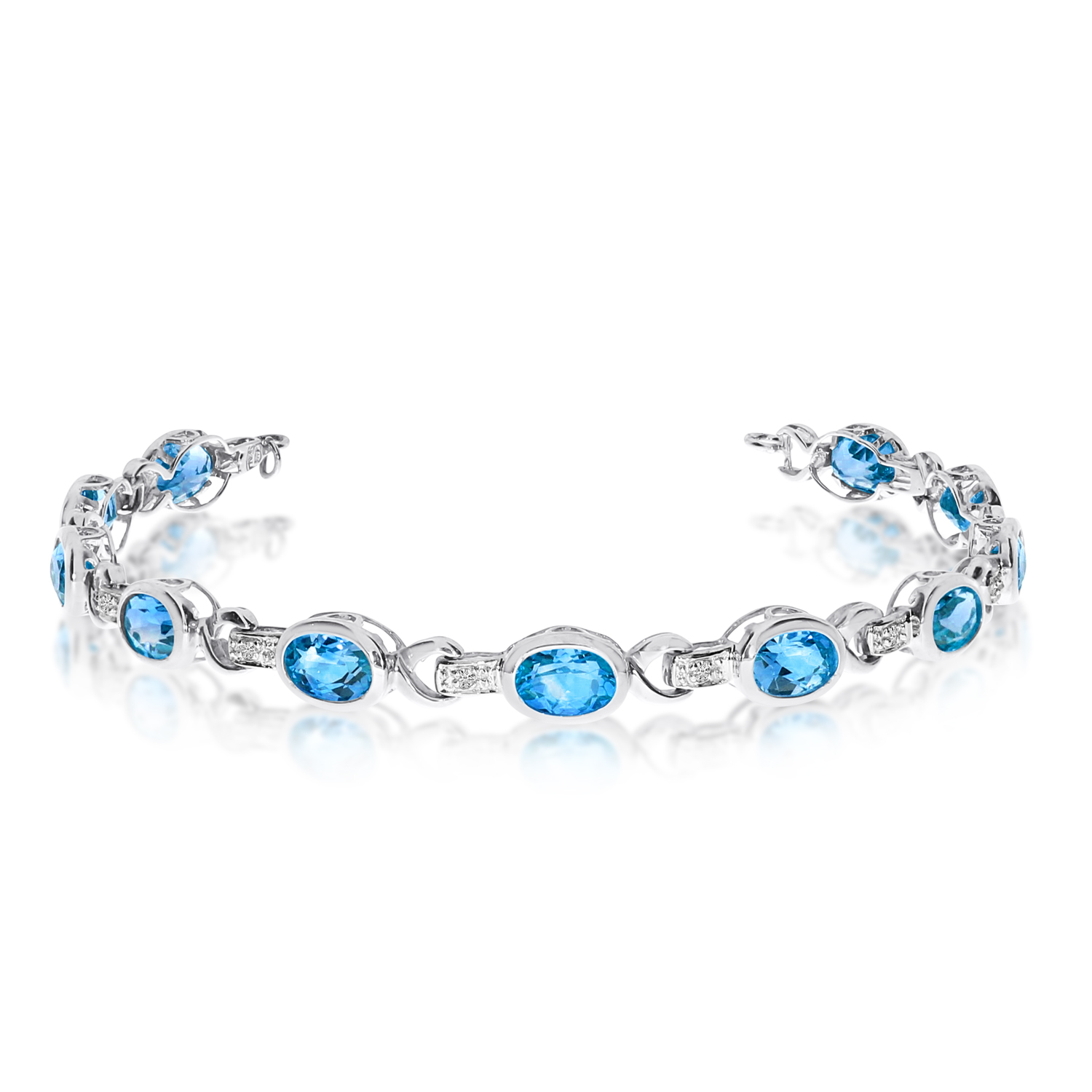 14K White Gold Oval Blue Topaz and Diamond Bracelet