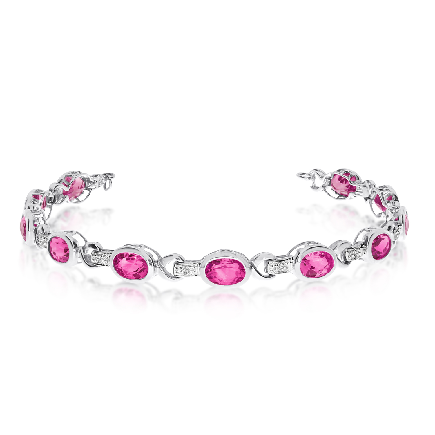 14K White Gold Oval Pink Topaz and Diamond Bracelet