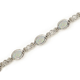 14K White Gold Oval Opal and Diamond Bracelet