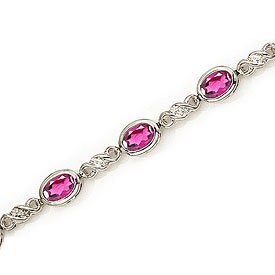 14K White Gold Oval Pink Topaz and Diamond Bracelet