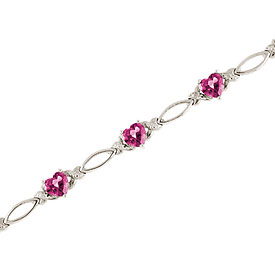 14K White Gold Heart Pink Topaz and Diamond Bracelet