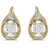 14k Yellow Gold Oval White Topaz And Diamond Earrings