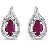 14k White Gold Oval Ruby And Diamond Earrings
