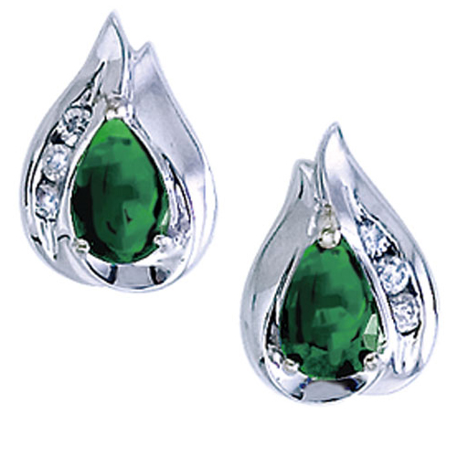 14k White Gold Pear Emerald And Diamond Earrings
