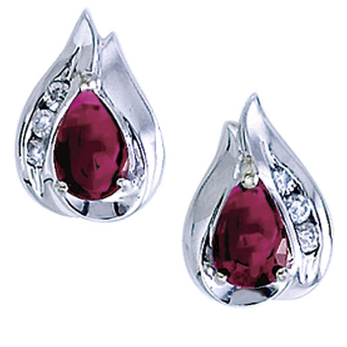 14k White Gold Pear Ruby And Diamond Earrings