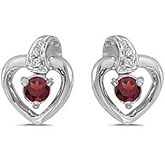 10k White Gold Round Garnet And Diamond Heart Earrings
