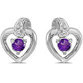 10k White Gold Round Amethyst And Diamond Heart Earrings