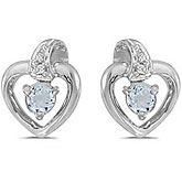 10k White Gold Round Aquamarine And Diamond Heart Earrings