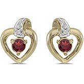 14k Yellow Gold Round Garnet And Diamond Heart Earrings