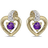 14k Yellow Gold Round Amethyst And Diamond Heart Earrings