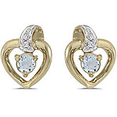 14k Yellow Gold Round Aquamarine And Diamond Heart Earrings