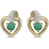 14k Yellow Gold Round Emerald And Diamond Heart Earrings