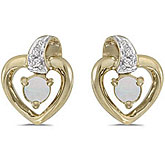 14k Yellow Gold Round Opal And Diamond Heart Earrings