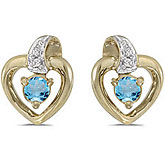 14k Yellow Gold Round Blue Topaz And Diamond Heart Earrings