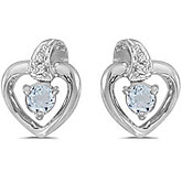 14k White Gold Round Aquamarine And Diamond Heart Earrings