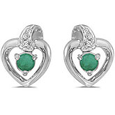 14k White Gold Round Emerald And Diamond Heart Earrings