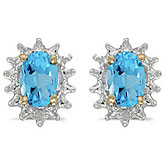 14k Yellow Gold Oval Blue Topaz And Diamond Earrings